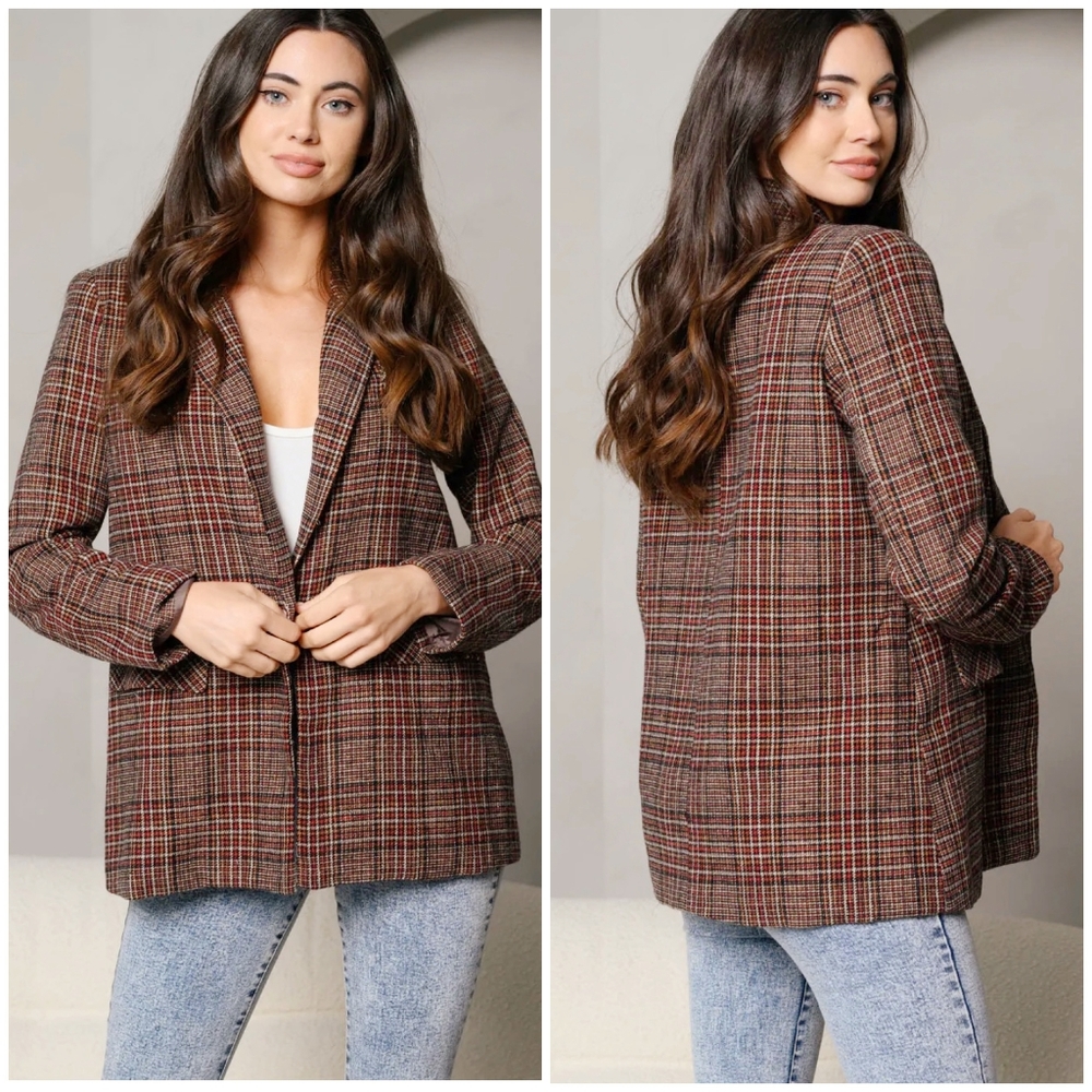 PEACH LOVE CALIFORNIA Vintage Chic Plaid Oversized Blazer - Picture 12 of 12